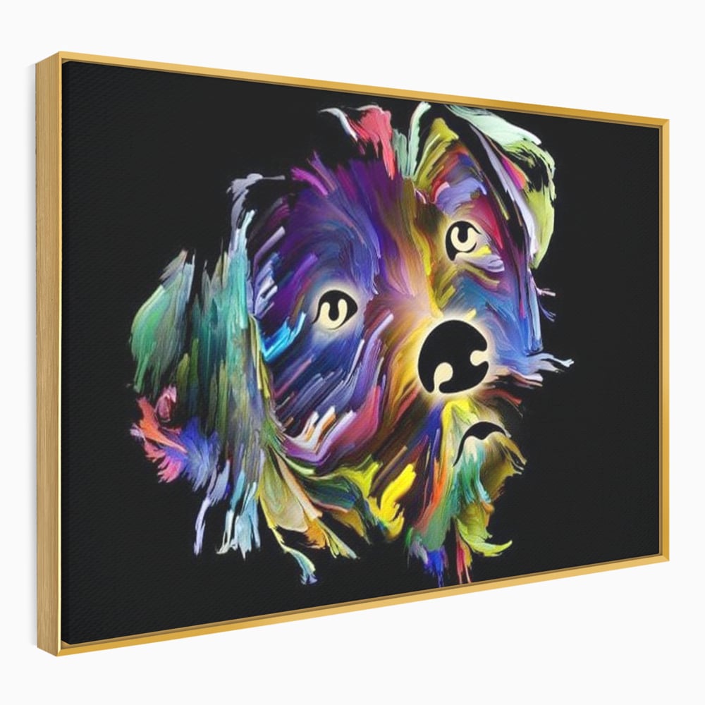 Tablou canvas cu tablou canvas cu un catel multicolor, in rama de aluminiu auriu